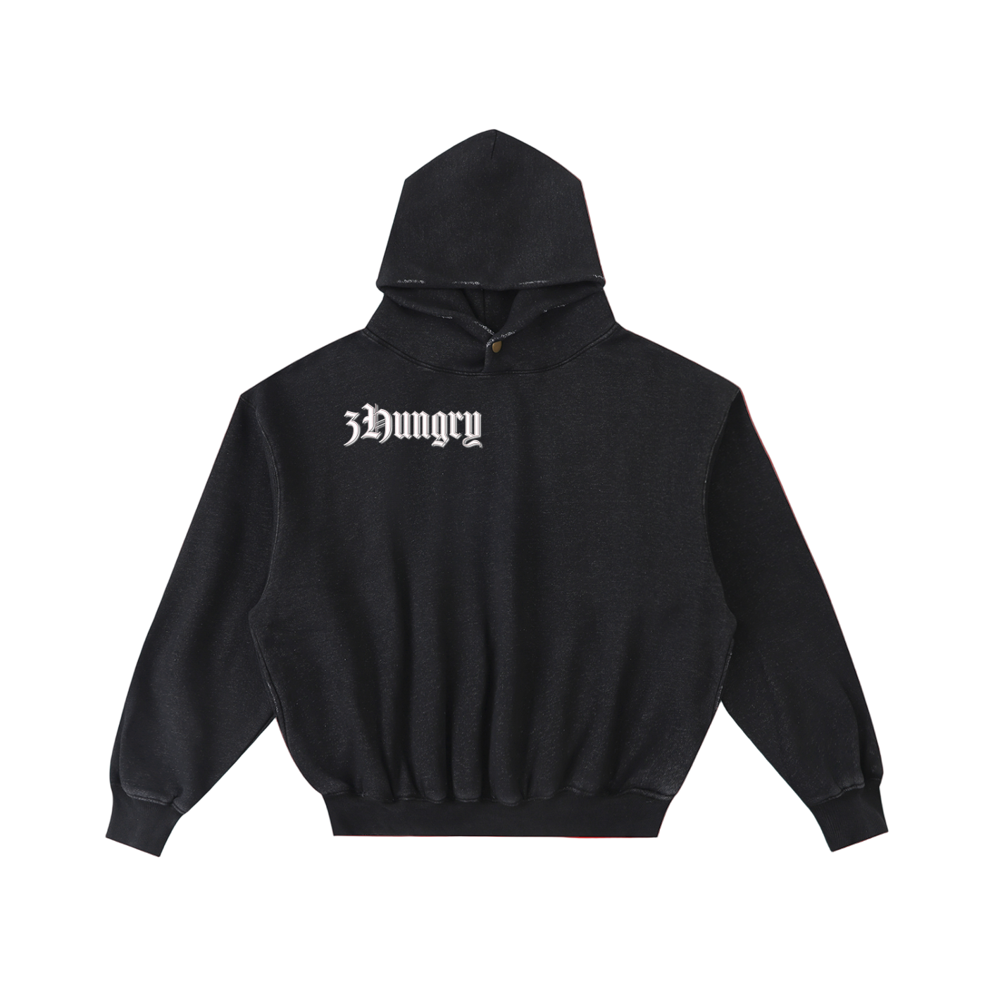 Black hoodie with 'hungry' text on a white background